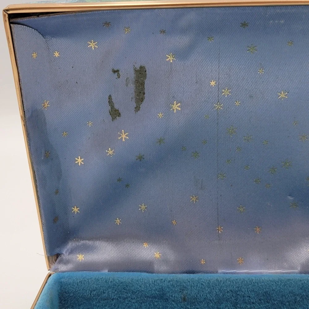 Vtg 80s/90s‎ Hard Shell Travel Jewelry Case Starburst Clamshell Box Blue Floral